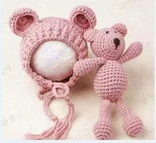 Newborn Photography Props Baby Bear Caps Rabbit Dolls Girls Boy Infant Baby Crochet Knitted Hat Photoshoot Accessories