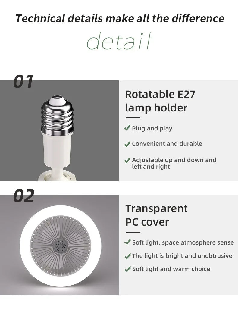 E27 30w LED Ceiling Fan with Light Remote Control Dimmable Ceiling Bulb with Cooling Fan 3 Modes Indoor Bedroom Chandelier