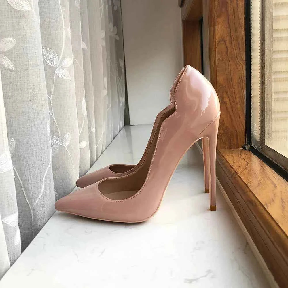 Tikicup Solid Nude Patent Women Pointy Toe Stiletto High Heels Slip On OL Wedding Party Dress Shoes Elegant Ladies Formal Pumps