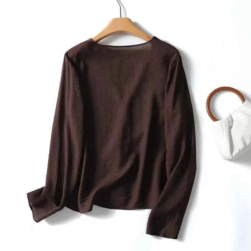 YENKYE Spring 2025 Women Brown Long Sleeve V Neck Ruffle Shirt Office Casual Blouse Blusas Mujer
