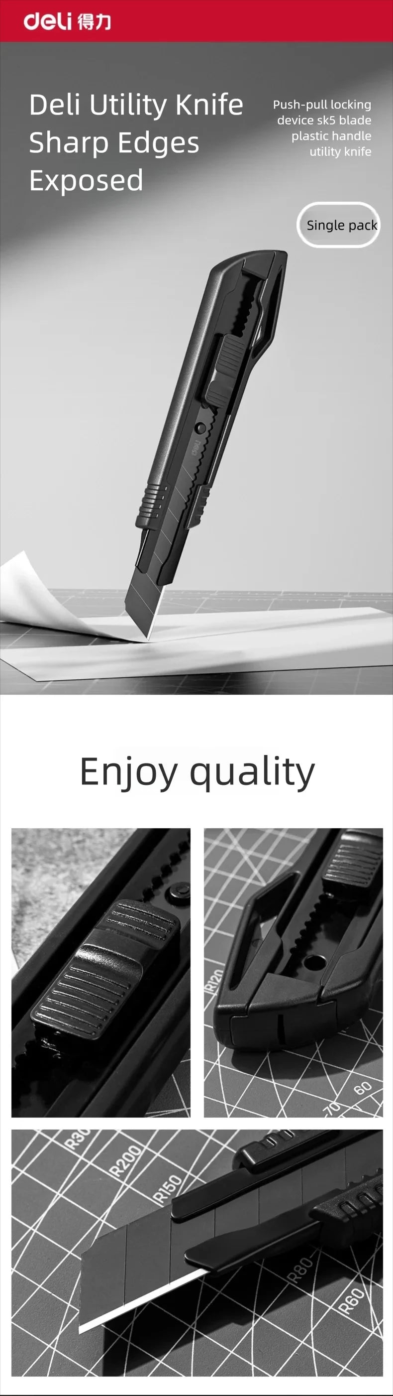 Deli Heavy Duty Utility Knife Sharp Black SK5 Carbon Steel Blades 9mm/18mm/Auto-Retractable Box Cutter for Cardboard Cartons