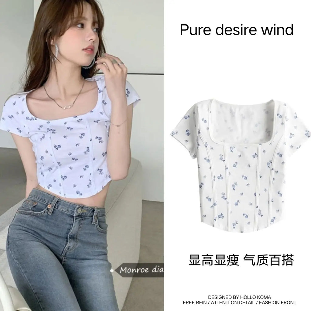 T Shirt Crop Top Women Summer 2026 Flowers Print Cotton Square Collar Pullovers Woman Short Sleeve Tees Slim Fit Sexy Top Female