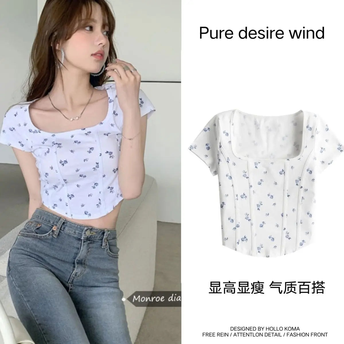 T Shirt Crop Top Women Summer 2026 Flowers Print Cotton Square Collar Pullovers Woman Short Sleeve Tees Slim Fit Sexy Top Female