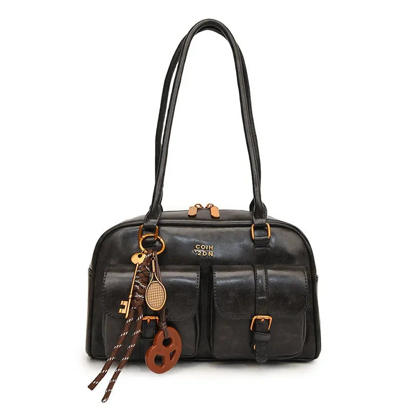 Women Multi Pocket Shoulder Tote Bag with Golden-Tone Hardware & Letter, Stylish Handbag Purse for Travel, Work, Shopping, Dates