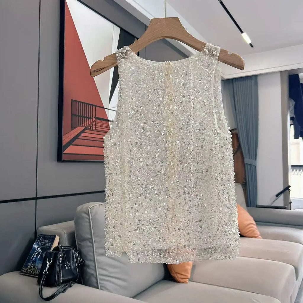 2025 Spring Summer New Light Luxury Fashion Versatile Beaded Sequined Sleeveless Vest Top Women Loose Casual Fashion Sexy Top