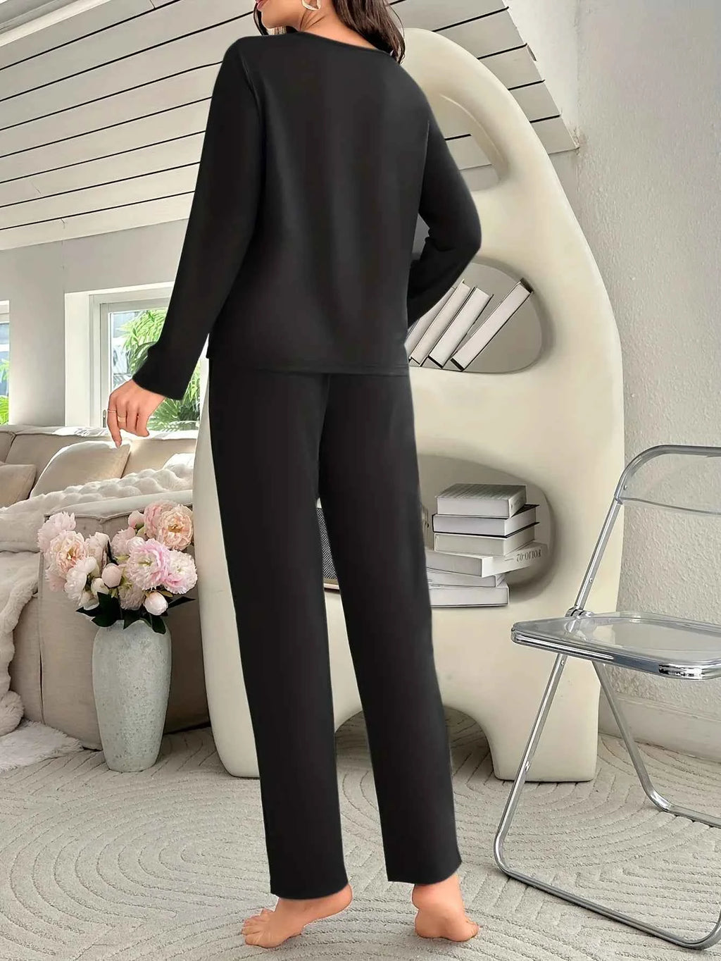 Women's Letters Print Pajamas Set Solid Simple Style Long Sleeve Crew Neck Top And Elastic Pants Trendy Women's Sleepwear