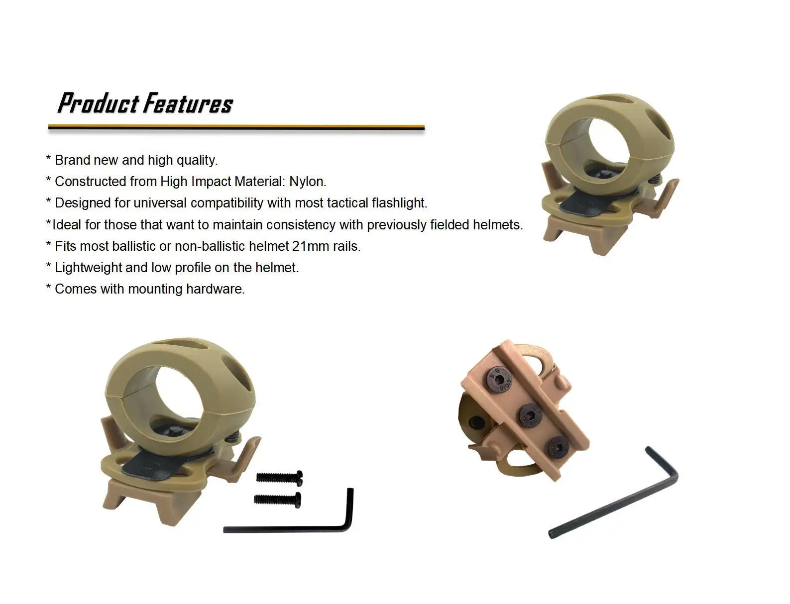 Aholdtech Tactical Bulletproof Helmet Accessories Flashlight Holder Light Clamp And NVG Mount Connector for Gopro Hero Cameras
