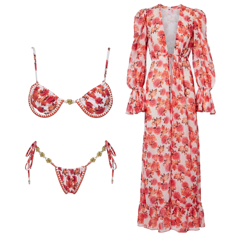 Print Bikini Swimsuit and Cover Up Bikini Set Women Sexy Lace Swimwear High Leg  Bathing Suit Beachwear Biquini