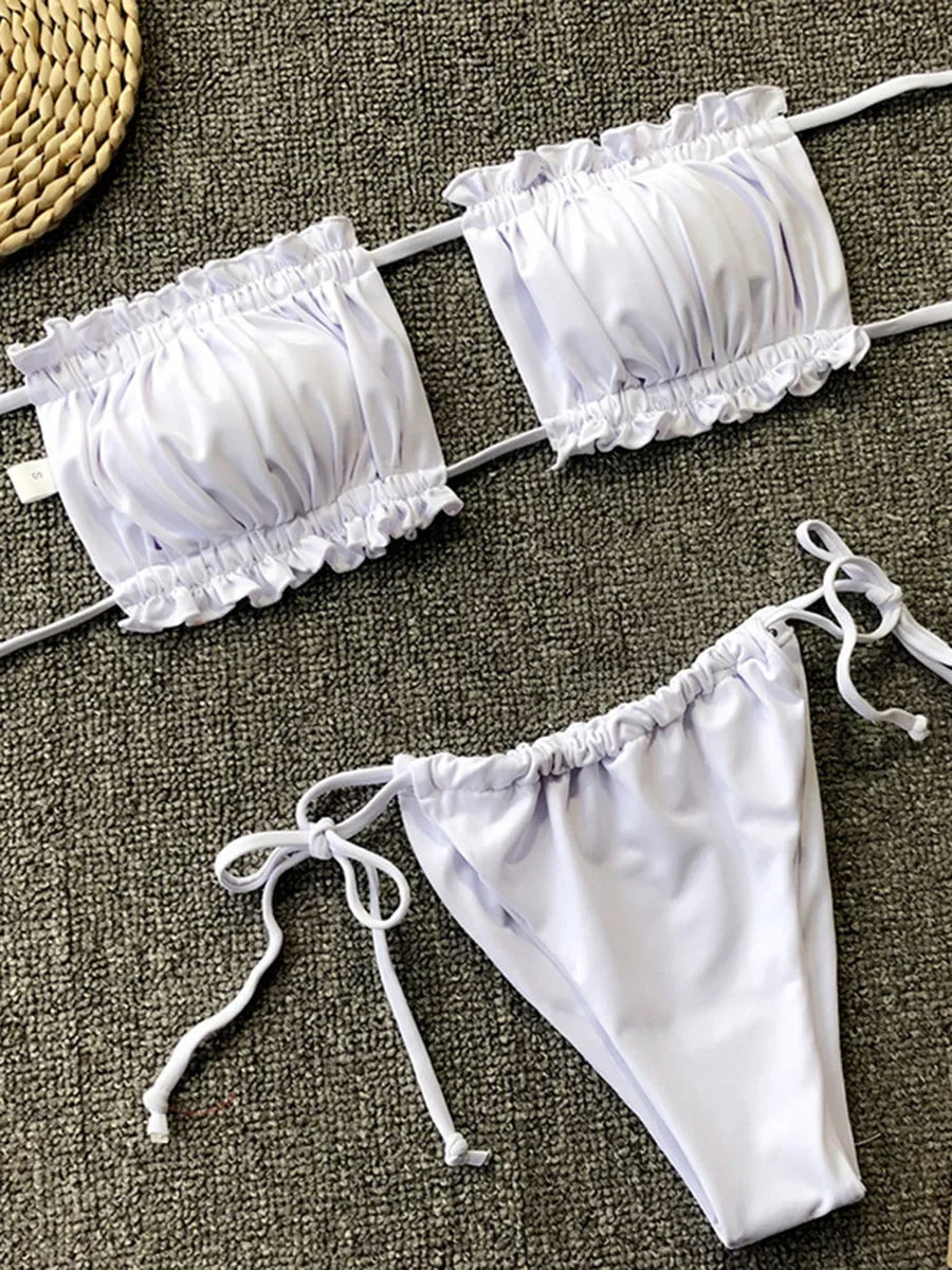 Tie Dye Pleated Ruffled Bikinis Bandeau Bikini Women Swimsuit Female Swimwear Two-pieces Bikini Set Hollow Out Bathing Suit Swim