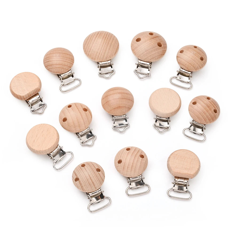 10Pcs Wooden Baby Pacifier Holder Metal Clip Beech Baby Pacifier Clips Chain Accessories Wooden Teether Toy BPA Free