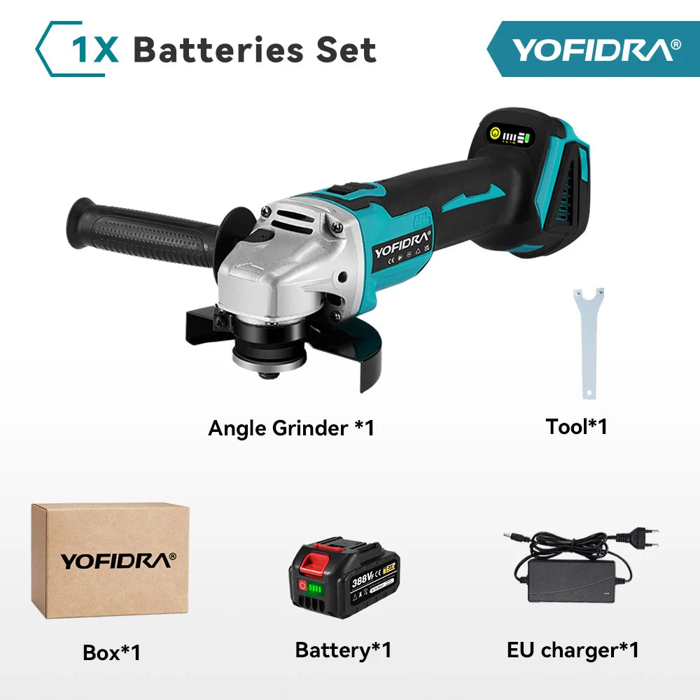 YOFIDRA 4 Gears Brushless Angle Grinder 125mm Cordless Cutting Polishing Cutting Machine Power Tool For Makita Battery Pin