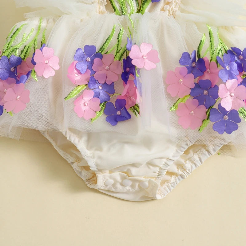Baby Girl Princess Romper Dress Cute Summer Ruffle Sleeveless 3D Flower Tulle Tutu Rompers with Headband 2Pieces Infants Outfits