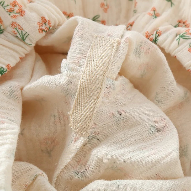 2023Women's Pajamas Pure Cotton Women's Long sleeved Pants Round Neck Loose Homewear Small Fower Print Baby Cotton Sleepwear Set