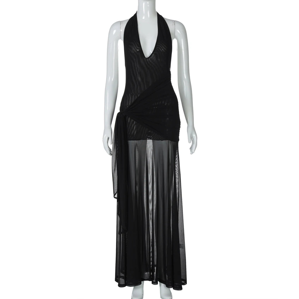 Dulzura Sleeveless Halter Backless  Lace Up Ruched Patchwork Sheer Mesh Floor-Length Dress Solid Sexy Outfit  Party Club Summer