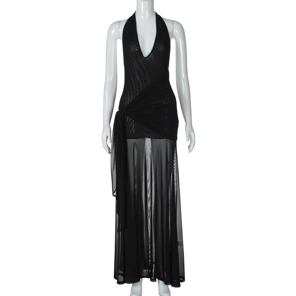 Dulzura Sleeveless Halter Backless  Lace Up Ruched Patchwork Sheer Mesh Floor-Length Dress Solid Sexy Outfit  Party Club Summer