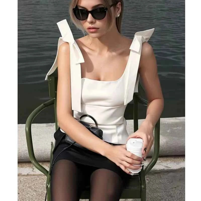 MUJER 2025 Bow Crop Top Woman Yellow Sexy Backless Top Women White Sleeveless Tops for Women Summer Camisole Bustier Top Female