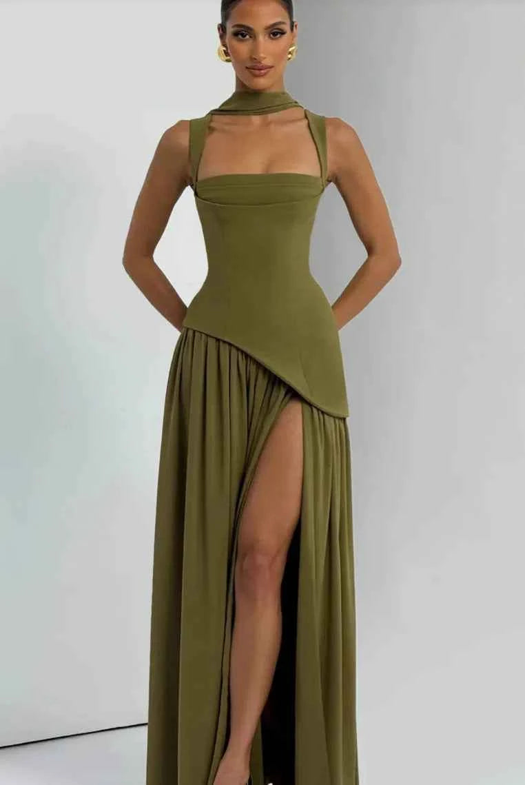 Suninheart Summer Elegant Olive Green Maxi Dress for Women Flowy Long Dress with Scarf Birthday Party Beach Graduation dress