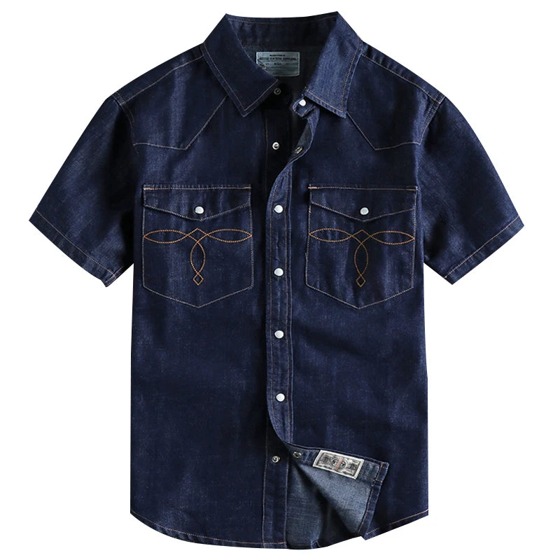 Summer New American Retro Short Sleeve Lapel Denim Cargo Shirt Men's Fashion Pure Cotton Washed Old Multi-pocket Casual Blouses
