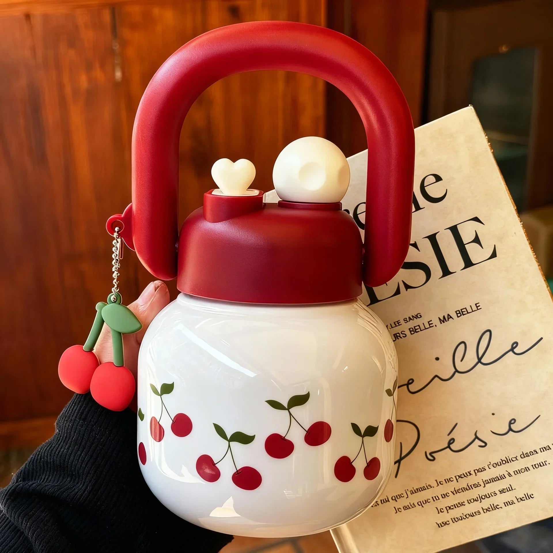 Cute Water Bottle with Decoration, Dual Straws Design, Anti-Lipstick Stain, Detachable Travel Strap Durable Plastic Material