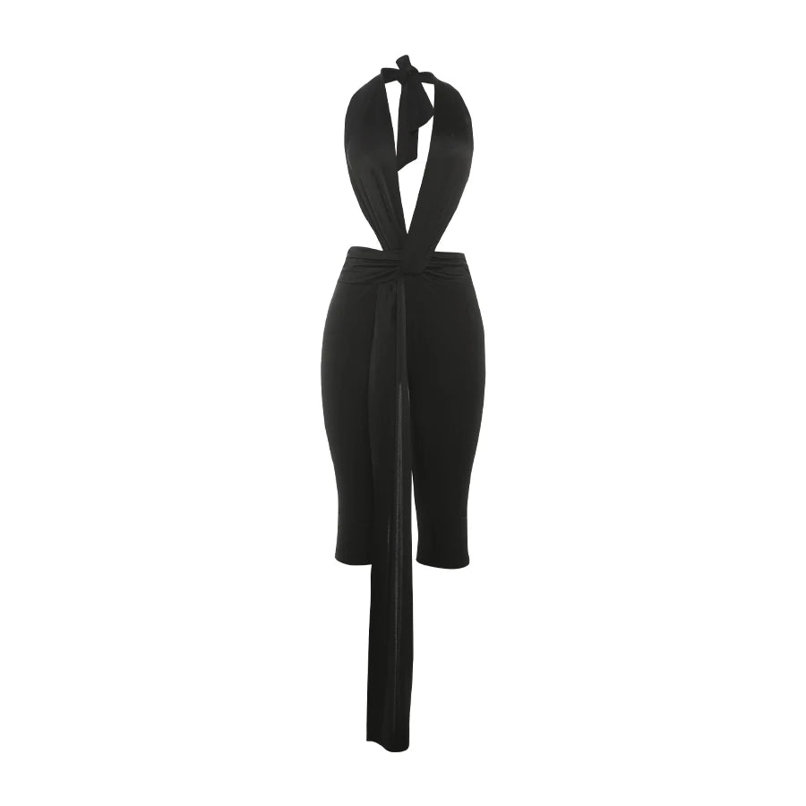 Sisterlinda Backless Halter Romper Women Ribbon Patchwork Sleeveless Elastic Workout Activewear Midnight Activity Slim Playsuits