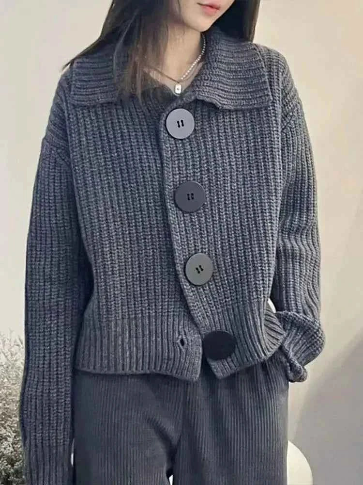 Temperament Fashion Sping Autumn New Sweaters Coats New Women Solid Lapel Button Korean Casual Long Sleeve Cardigan Knitted Tops