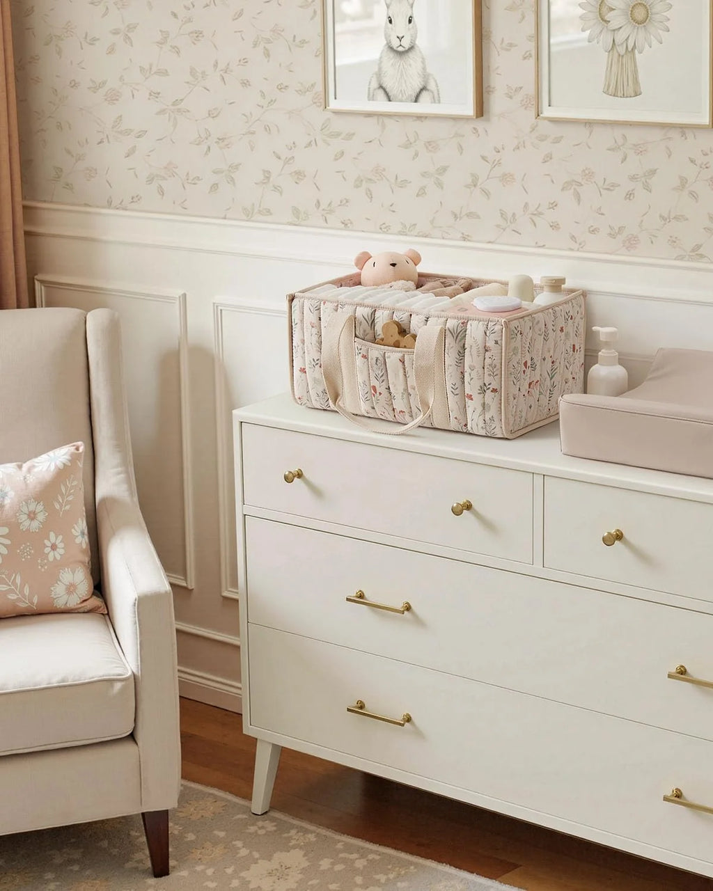 Diaper Caddy Organizer, Stylish Nursery Storage Basket, Gift for Baby Shower, Newborn Essentials, Floral Beige