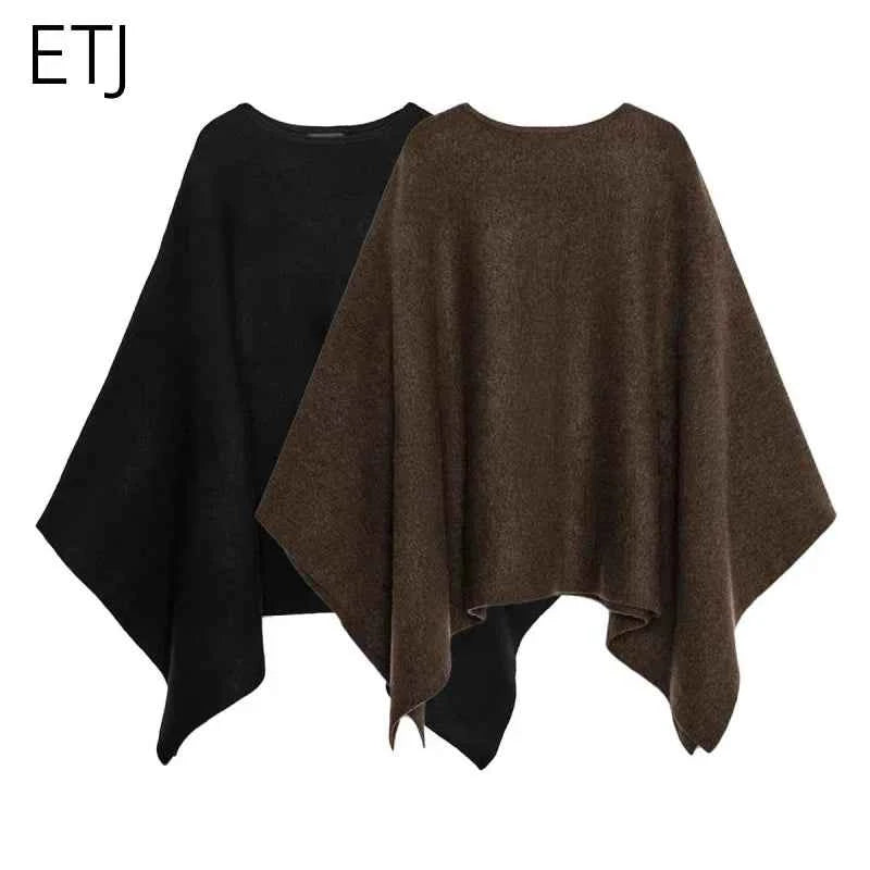 ETJ 2025 women's new fashion oversized loose version of the round neck cape sweater solid color bat sleeve sweater