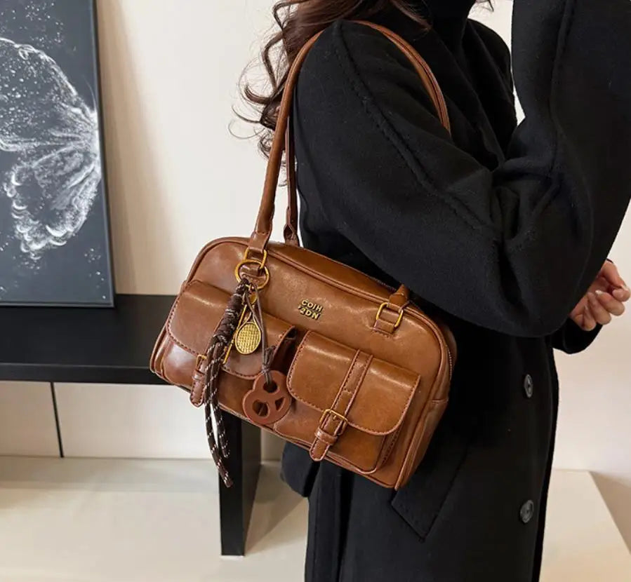Women Multi Pocket Shoulder Tote Bag with Golden-Tone Hardware & Letter, Stylish Handbag Purse for Travel, Work, Shopping, Dates