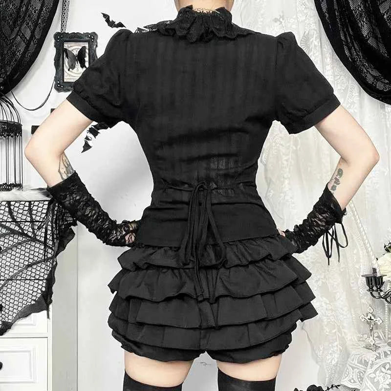 Sweet Lolita Cotton Shirts Women Vintage Gothic Black White Jacquard Short Sleeve Blouses Elegant Office Lady Y2k Tops