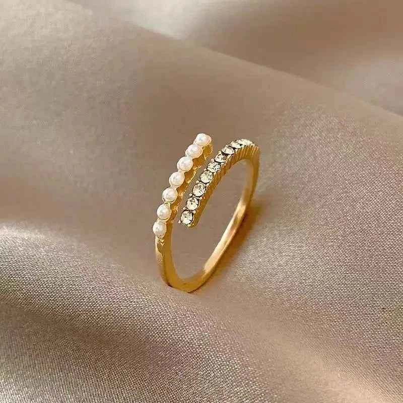 Light Luxury Micro Rhinestone Rings for Woman Gold-color Elegant Simulated Pearl Open Ring Party Wedding Stackable Ring Jewelry