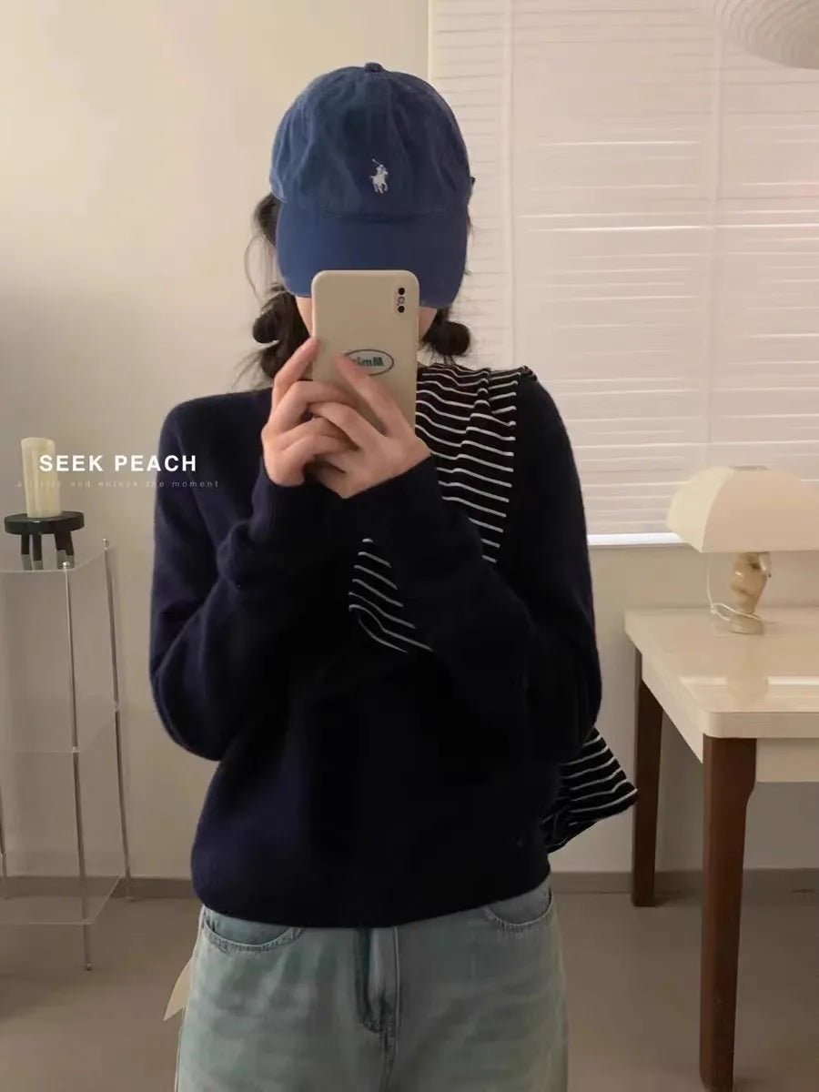 100% pure cashmere sweater women's round neck pullover long sleeve sweater loose short soft waxy knit bottom sweater
