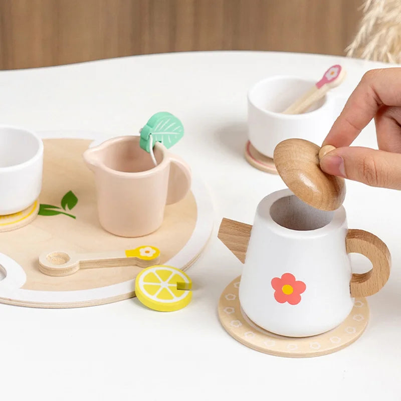 Kids Pretend Play Toys Popular Kids Kitchen Toys Realistic Wooden Tea Set Party Toy Set Children's Simulation Tea Set Gifts