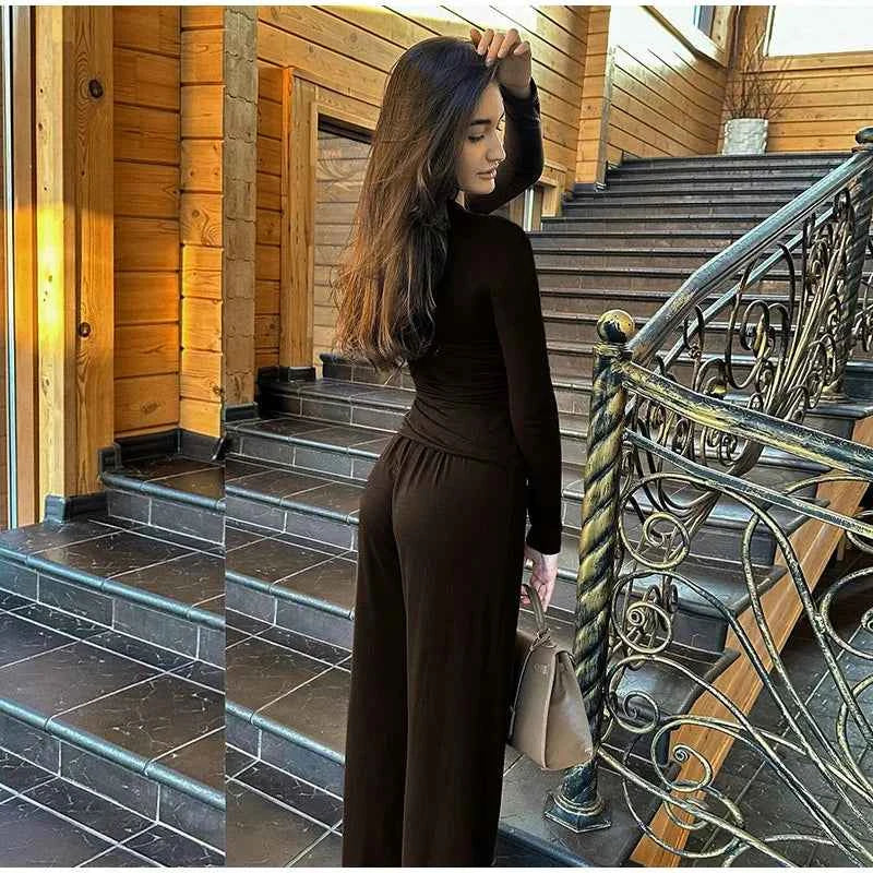 Women Top Pants Suit 2 Piece Sets Solid O-neck Long Sleeve Shirts Elastic Waist Trousers Female Outfits 2025 New Lady Tracksuit