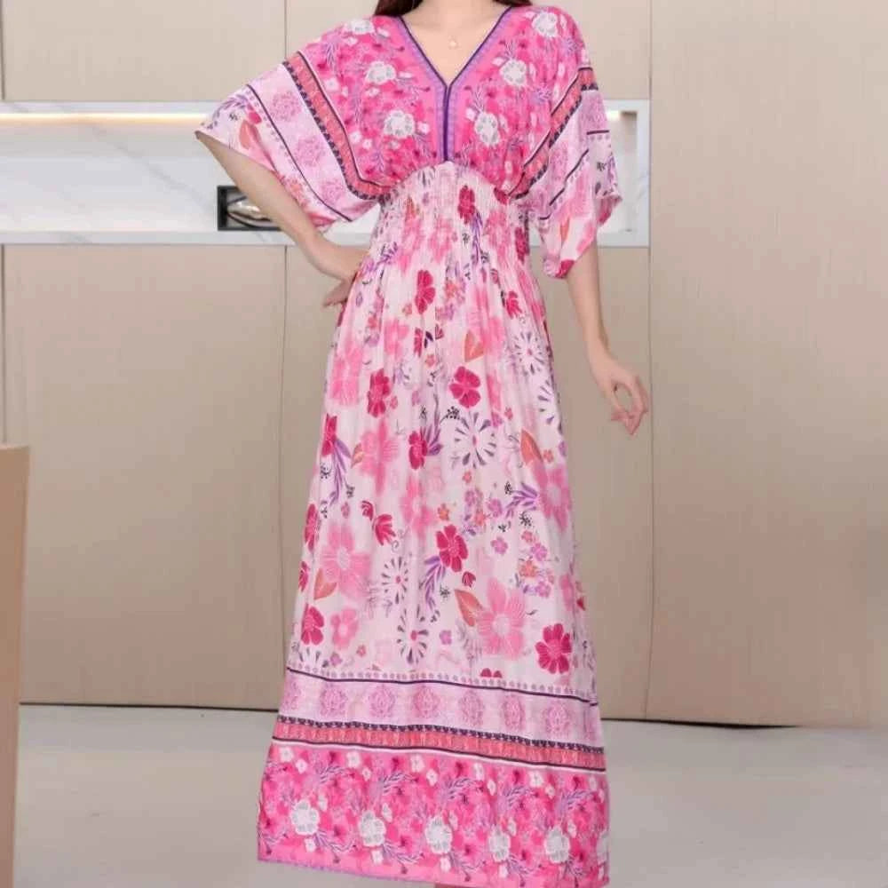 Colorful Flower V-neck Elastic Youthful Bohemian Sweet Midi Dress Woman Clothes Chic Fashion Summer Dresses 2025 Large Swing Ski