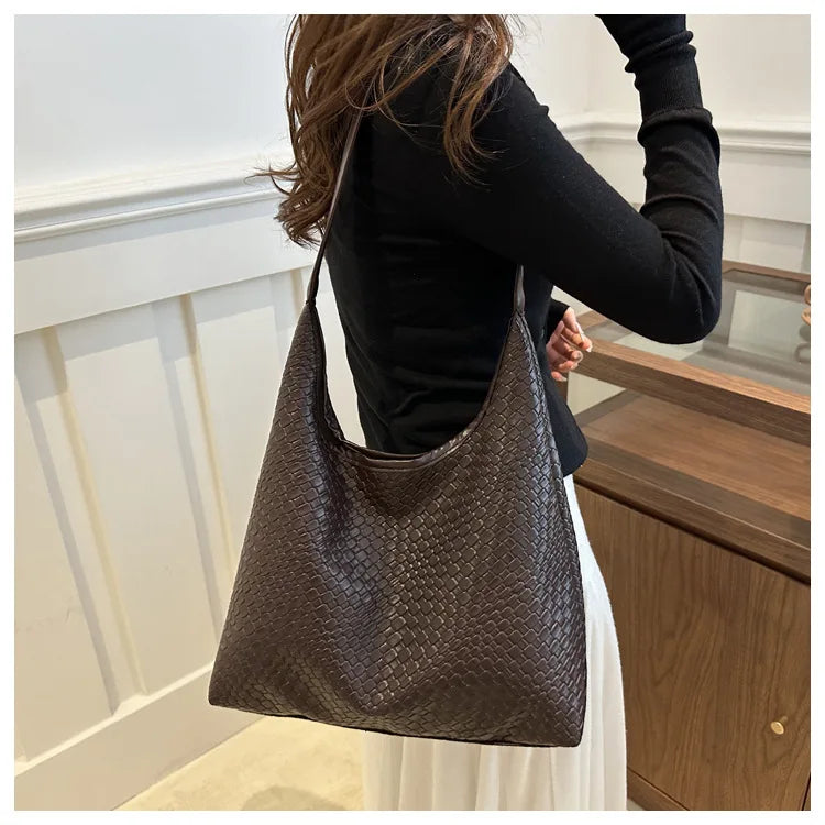 Women's Retro Artificial Leather Woven Pattern Shoulder Bag,Large Capacity Tote Bag,Casual Armpit Bag, Large Tote Bag,Daily Work
