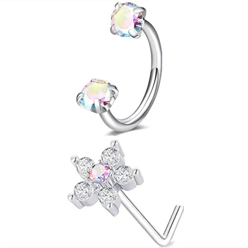 2PCSJ Metal color Stainless Steel Nose Ring Set With CZ Studs & Horseshoe