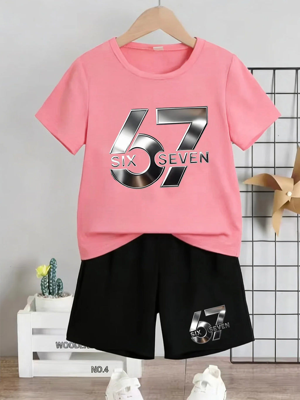 Boy And Girl 67 Six Seven Print Children's Set,Casual Fashionable Comfortable Versatile Short-Sleeved T-Shirt+Shorts 2-Piece Set