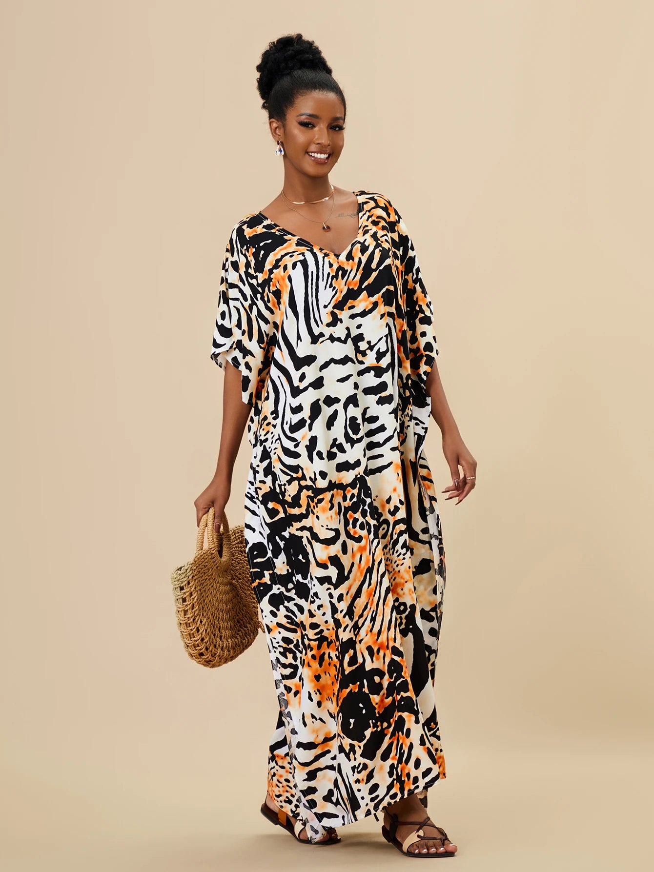 EDOLYNSA 2023 Bohemian Printed Loose Kaftan Casual Summer Vacation Maxi Dress Women Clothing Beach Wear Swim Suit Cover Up Q1469