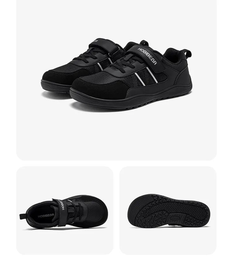 HOBIBEAR Big Kid Wide Width Shoes Barefoot Hook-Loop Artificial Leather Sneakers Lightweight Zero Drop Walking Shoes