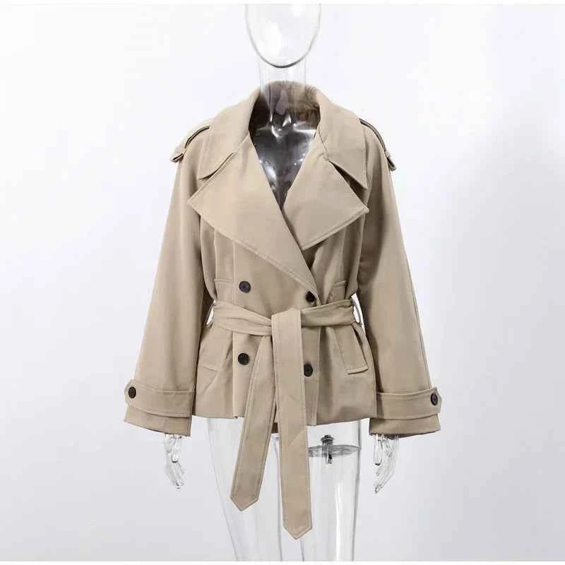 Cropped Lace-up Blue Casual Trench Coat Women Lapel Long Sleeve Wide Shoulder Windbreaker Jacket Fall Commute Daily Streetwear