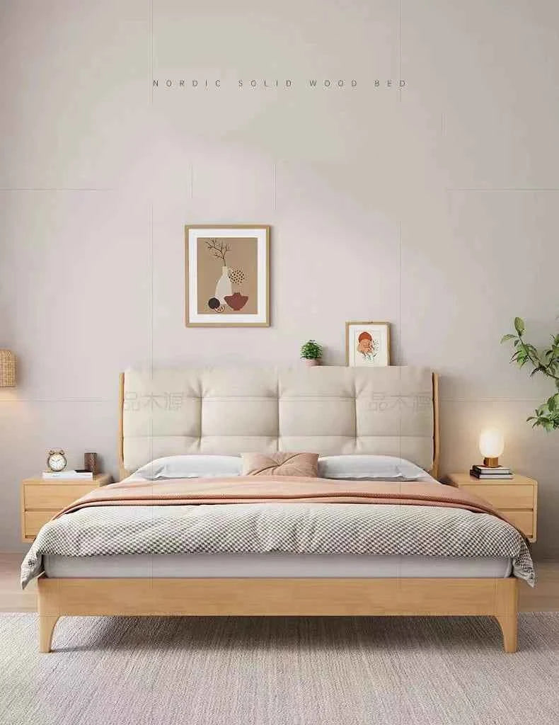 Home Furniture Bedroom Heavy Duty Wood Platform Dormitory Bed with Wood Headboard, Modern Double Bed Frame