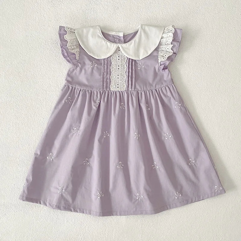2026 New Summer Sister Clothing 2-6Yrs Kids Princess Flutter Sleeved Dresses Cotton Embroidery Baby Birthday Party Dress