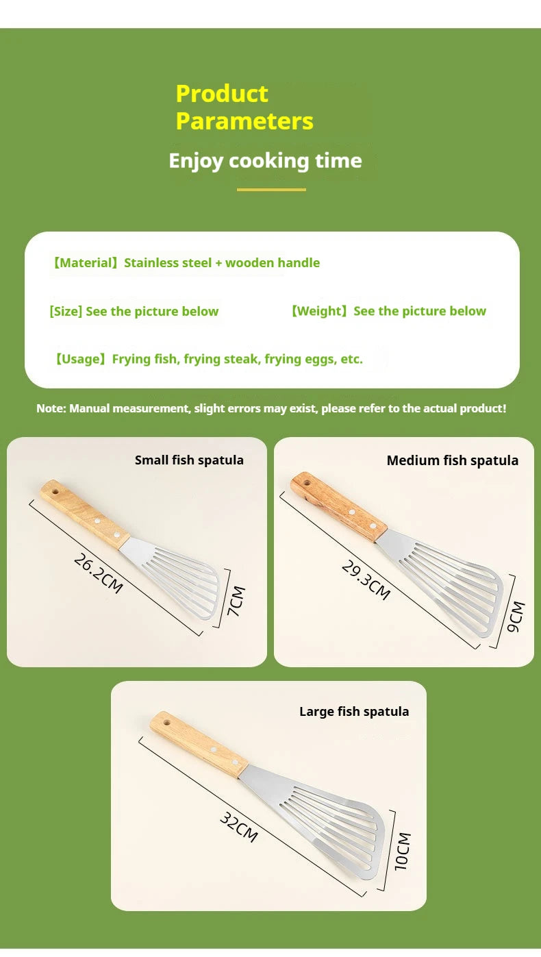 1PC Stainless Steel Fish Frying Shovel with Wooden Handle Fan-shaped Shovel Household High-temperature Frying Shovel