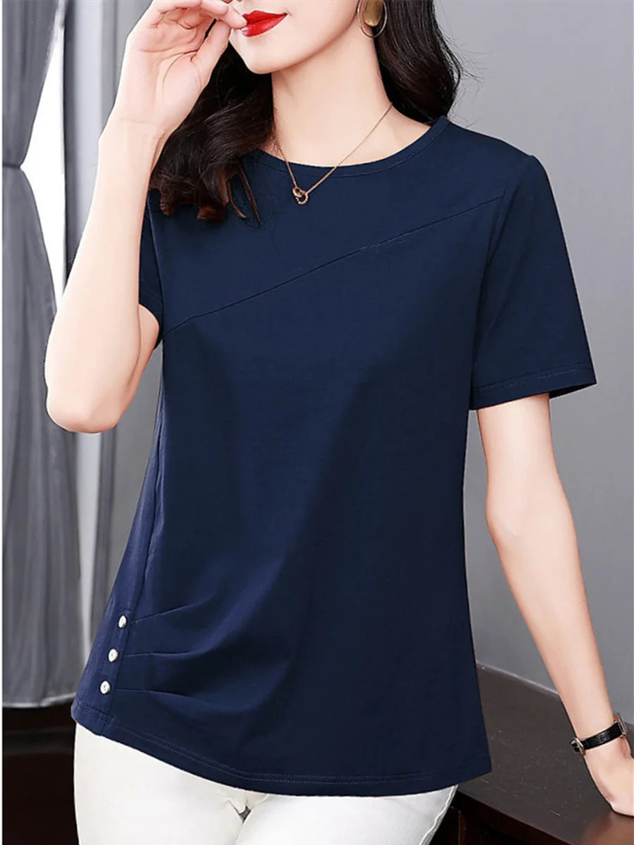 5XL Women Summer Spring cotton Blouses Shirts Lady Fashion Casual Short Sleeve O-Neck Solid Color T-shirt Blusas Tops MM2069
