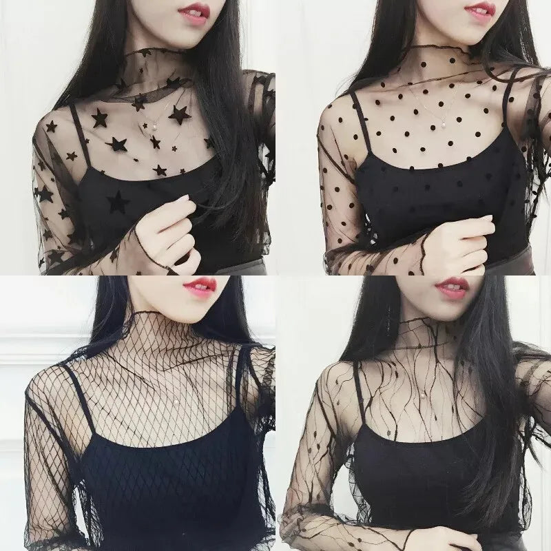New Transparent See Through Shirt Women Sexy Harajuku Mesh Tops Net Undershirt Star Base Top Camisas Femininas Clubwear SheerTee