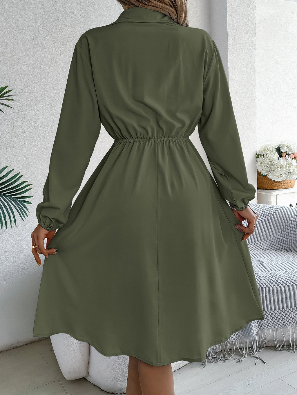 Autumn Winter Dresses for Women Casual Solid Color Button Tie Up Long sleeved Shirt Dress Blue  Green Black Red Woman Clothing
