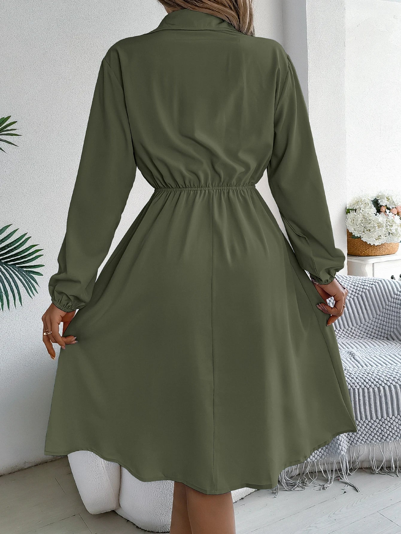 Autumn Winter Dresses for Women Casual Solid Color Button Tie Up Long sleeved Shirt Dress Blue  Green Black Red Woman Clothing