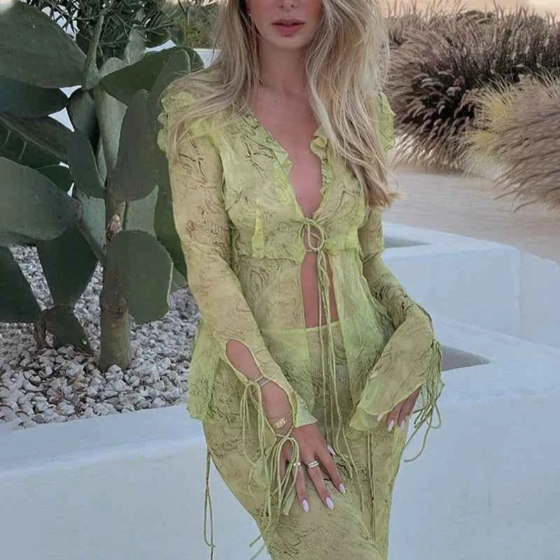 Print Y2K Mesh Long Sleeve Top Shirts Green and Maxi Skirt Bodycon Two Piece Sets Beach Outfits Women Club
