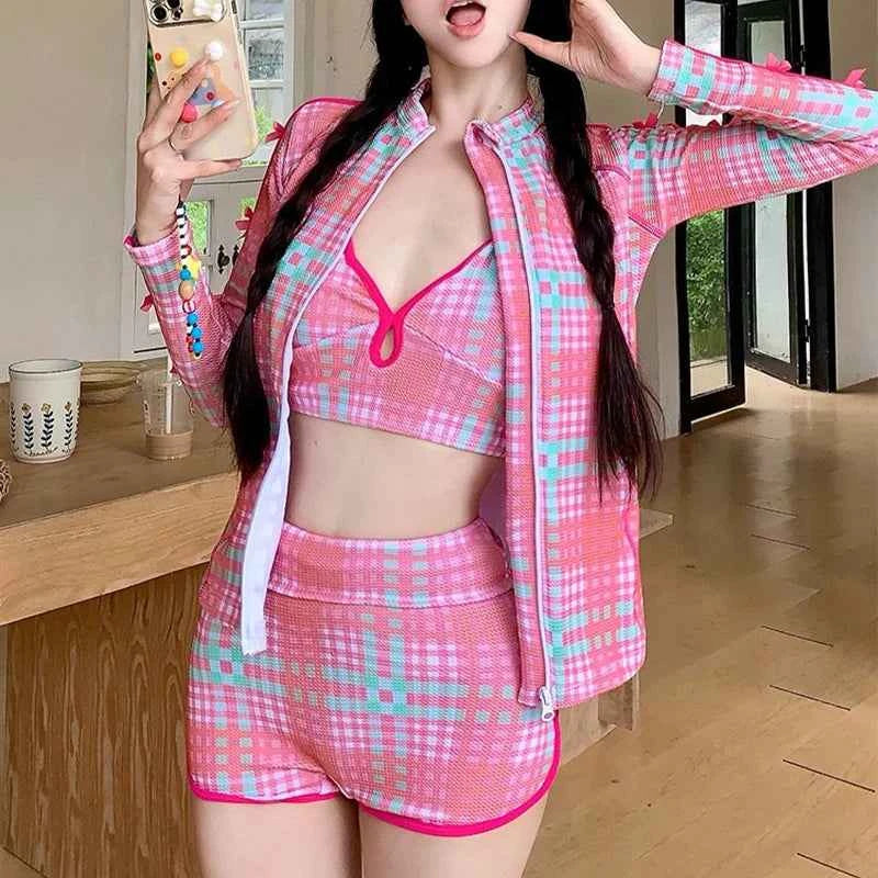 Sweet Girls Swimsuit Chic Cover Up Set 3pcs Long Sleeve UV Protection Swimdress Modest Boyleg Swimwear for Girls Swim Skirt