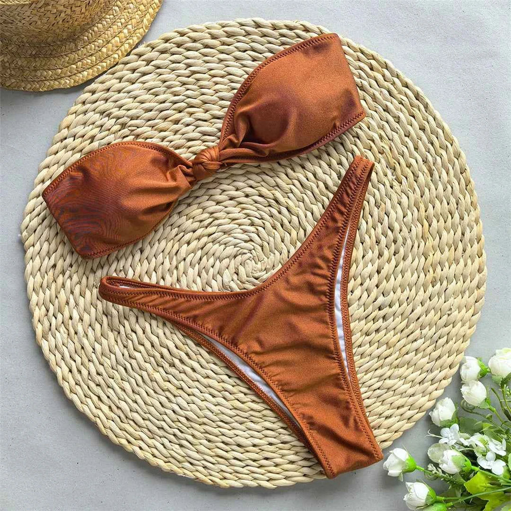 Bandeau Knotted Brazilian High Cut Bikini Women Swimwear Female Swimsuit Two-pieces Bikini set Bather Bathing Suit Swim V5930